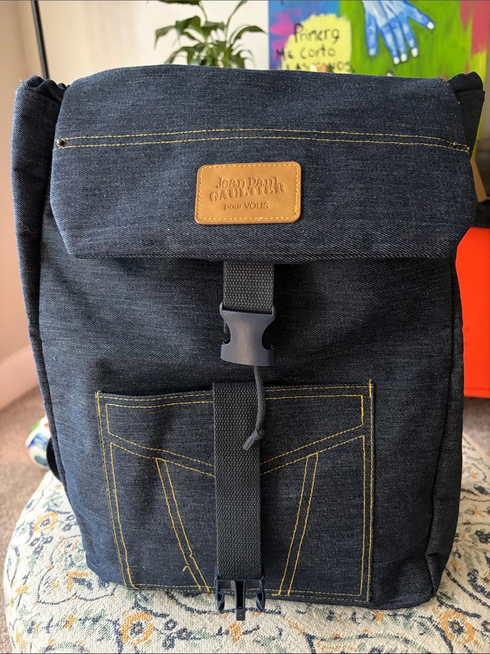 Jean Paul Gaultier Dark Denim Backpack with Tan Patch
